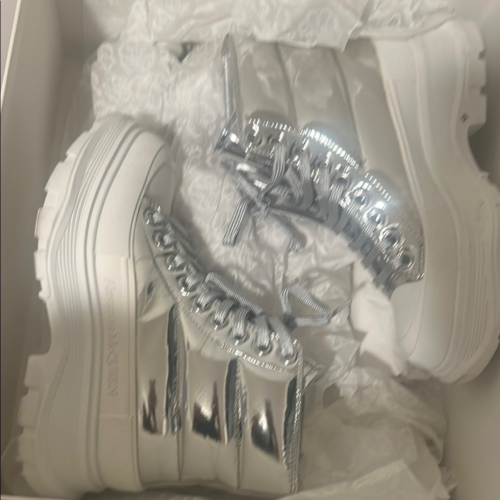 Alexander McQueen Silver and White Chunky Sneakers